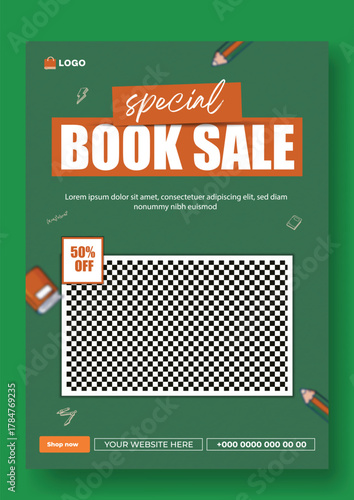 Special book sale announcement with stack of books and decorative elements on green background.
Exciting special book sale announcement featuring stacked books and graduation cap on a vibrant green.