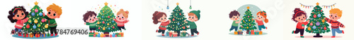 vector of 2 small children decorating a Christmas tree
