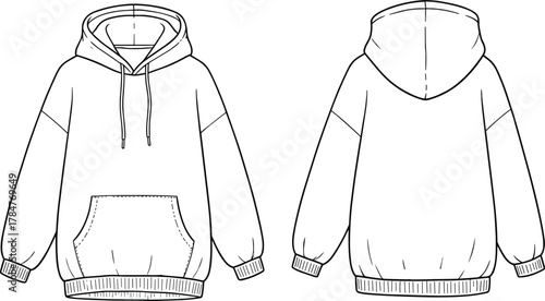 Oversized street style fashion technical sketch of an essential casual unisex fleece hoodie sweatshirt with drawstrings, a kangaroo pocket, and rib cuffs, front and back views.