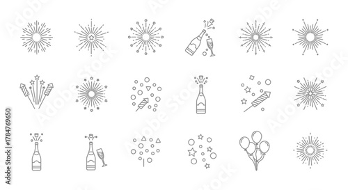 Celebration and Party Icons Set with Fireworks, Champagne, and Balloons.