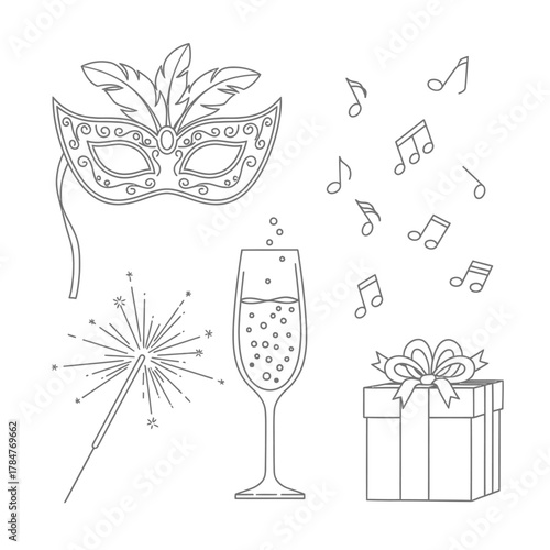 Celebration elements illustration, mask, champagne, gift, music notes, sparkler, party time.