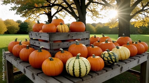 Harvest bounty of pumpkins and gourds displayed outdoors on a sunny autumn day