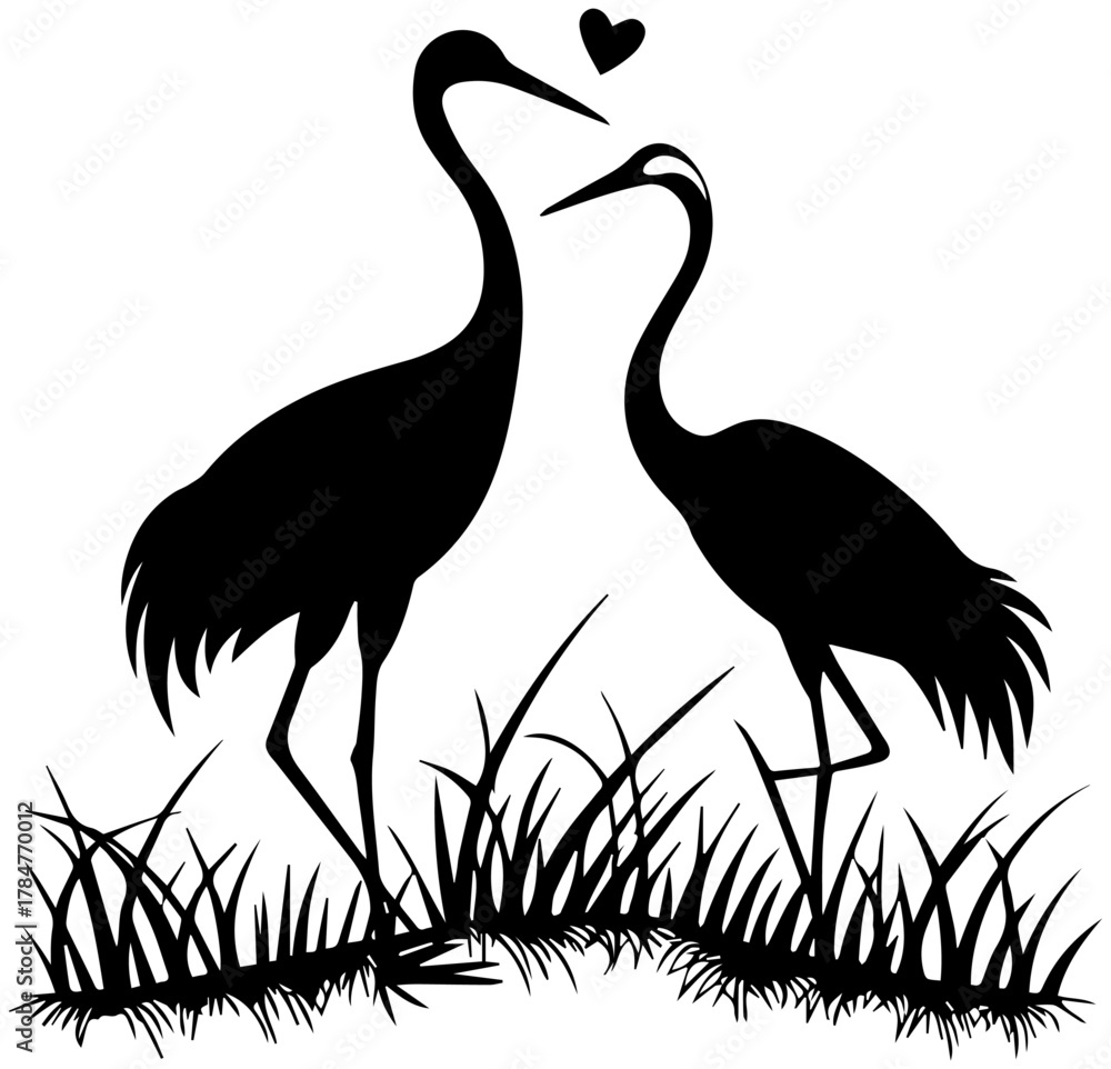 Obraz premium Silhouette of Two Cranes in Grass with Heart Symbol – Vector Illustration