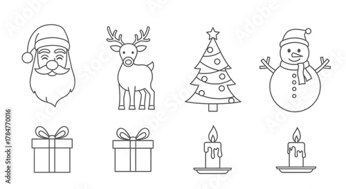 Christmas Holiday Icons Set with Santa Claus Reindeer Tree Snowman Gifts and Candles.