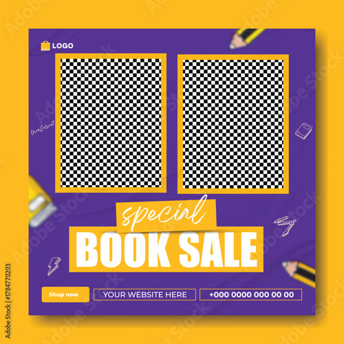 Special book sale announcement with stack of books and decorative elements on green background.
Exciting special book sale announcement featuring stacked books and graduation cap on a vibrant green.