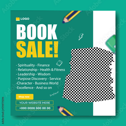 Special book sale announcement with stack of books and decorative elements on green background.
Exciting special book sale announcement featuring stacked books and graduation cap on a vibrant green.