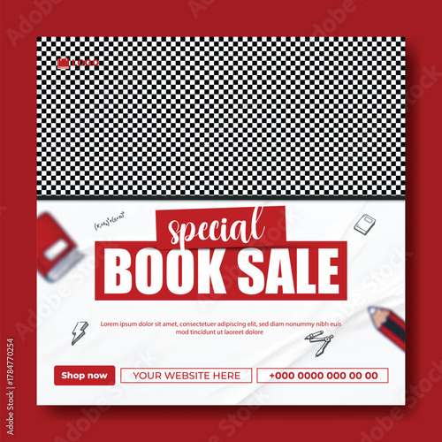 Special book sale announcement with stack of books and decorative elements on green background.
Exciting special book sale announcement featuring stacked books and graduation cap on a vibrant green.