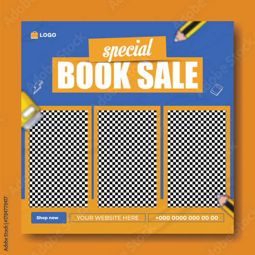 Special book sale announcement with stack of books and decorative elements on green background.
Exciting special book sale announcement featuring stacked books and graduation cap on a vibrant green.