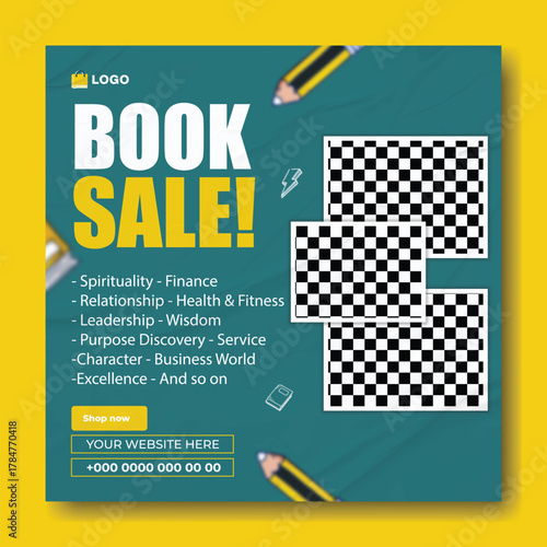 Special book sale announcement with stack of books and decorative elements on green background.
Exciting special book sale announcement featuring stacked books and graduation cap on a vibrant green.