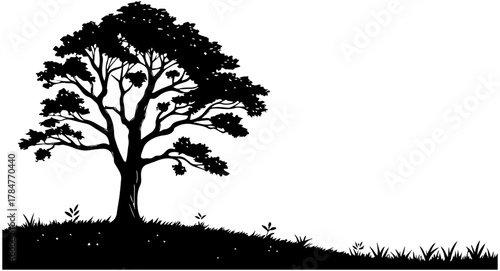 Silhouette of Tree on Grassy Hill – Vector Illustration