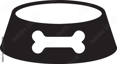 Simple black and white illustration of a pet food bowl with a bone
