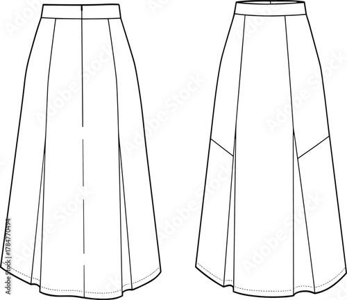 Technical fashion illustration of an A-line midi skirt with paneled seams and a fitted waistband, front and back flat vector sketch for pattern design.