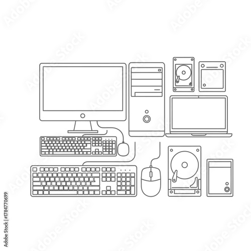 Collection of Computer Hardware and Peripherals in Line Art Style.