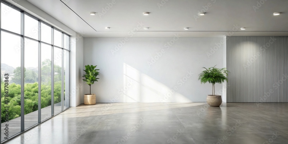 Obraz premium Spacious modern interior with large windows showcasing tranquil greenery and minimalist design elements