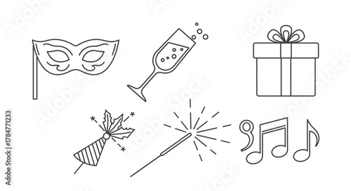 Collection of festive celebration icons including a mask champagne gift sparkler and music notes.