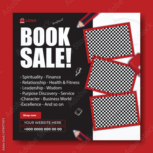Special book sale announcement with stack of books and decorative elements on green background.
Exciting special book sale announcement featuring stacked books and graduation cap on a vibrant green.