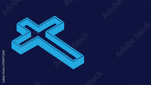 Geometric Cross Vector Illustration - Modern Christian Symbol Design Light Blue Religious Icon on Dark Blue Background Isometric Faith Graphic Element