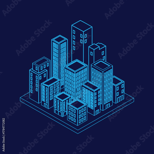 Isometric Cityscape Vector Illustration with Modern Building Architecture - Urban Planning Business District and Real Estate Development on Dark Blue Background