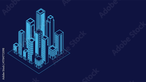 Isometric Cityscape Vector Illustration with Blue Buildings on Dark Blue Background - Modern Urban Design Architecture and Business Concepts for Presentations