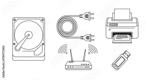 Computer hardware components including hard drive, power cable, printer, router, and USB drive.