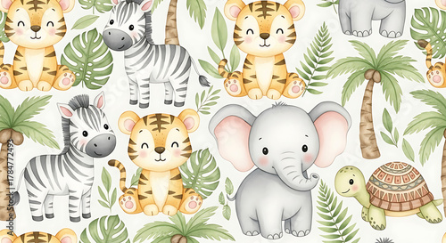 Cute cartoon safari animals and tropical leaves seamless pattern baby character
