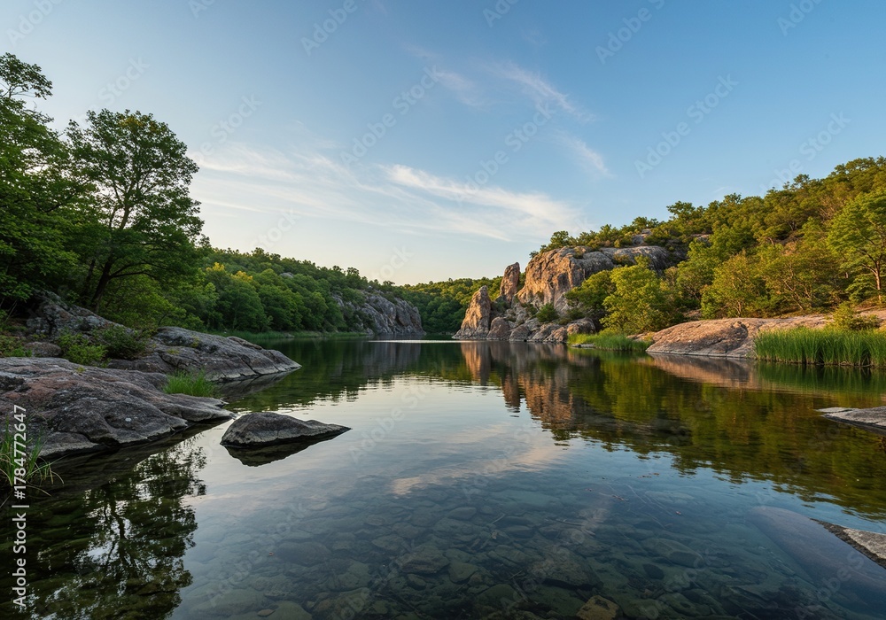 Obraz premium A serene and expansive natural vista, showcasing untouched wilderness with lush vegetation, clear water, and dramatic geological formations under a wide sky ,mountain ,vista ,travel