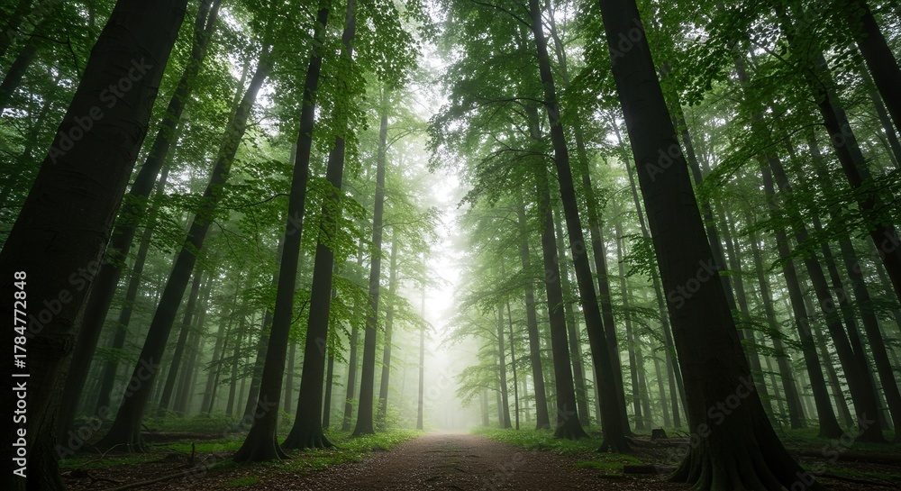 Obraz premium A serene and lush temperate forest with tall trees reaching towards the sky, bathed in soft dappled sunlight creating a tranquil woodland scene ,forest ,tall ,spring