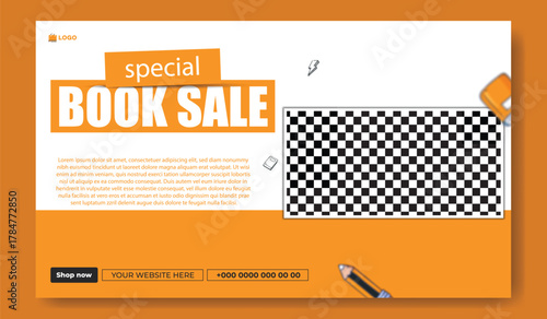 Special book sale announcement with stack of books and decorative elements on green background.
Exciting special book sale announcement featuring stacked books and graduation cap on a vibrant green.