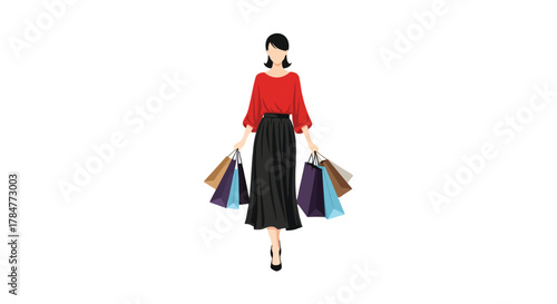 Stylish woman in red top and black skirt holding shopping bags isolated on white background representing consumerism and fashion