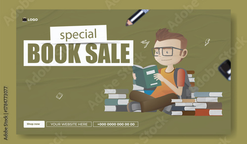 Special book sale announcement with stack of books and decorative elements on green background.
Exciting special book sale announcement featuring stacked books and graduation cap on a vibrant green.