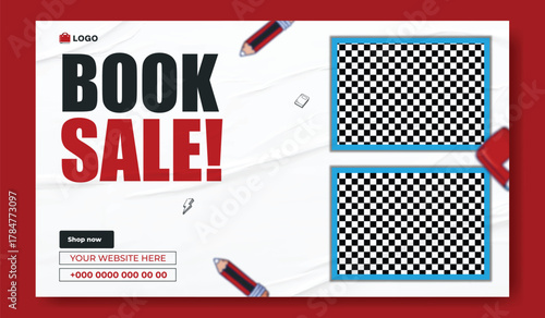 Special book sale announcement with stack of books and decorative elements on green background.
Exciting special book sale announcement featuring stacked books and graduation cap on a vibrant green.