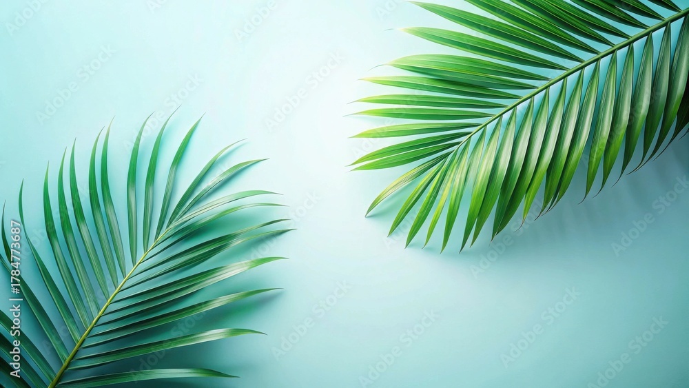 Obraz premium Serene Tropical Fronds on a Pastel Background, Ideal for Summer Designs and Relaxing Ambiance