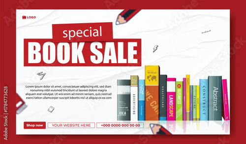 Special book sale announcement with stack of books and decorative elements on green background.
Exciting special book sale announcement featuring stacked books and graduation cap on a vibrant green.