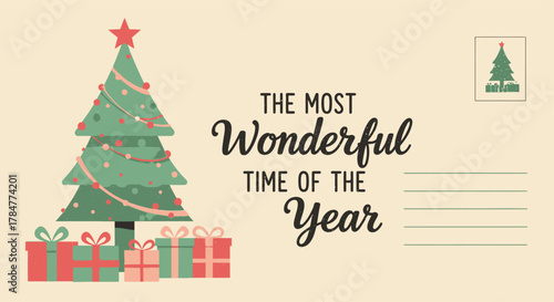 Festive Christmas postcard with decorated tree and gifts celebrating the holiday season.