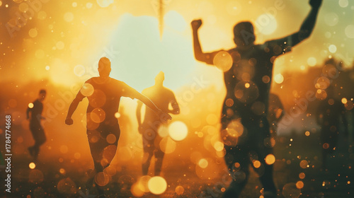 Silhouettes of runners celebrating victory in golden sunset light, symbolizing achievement, motivation, and teamwork. Perfect for sports, fitness, and inspirational success concepts. runner, running