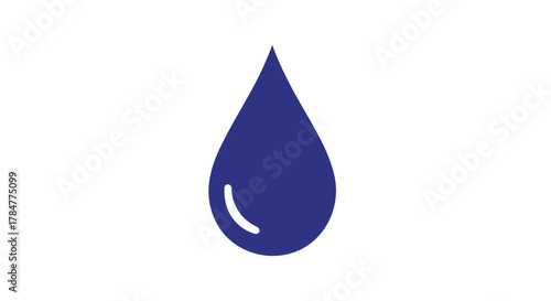 A simple dark blue water drop icon with a white highlight on a clean white background representing purity and hydration
