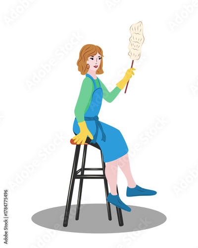 Vector women cleaner in uniform with duster isolated. Housekeeping and janitorial staff illustration on white background.