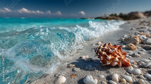 A bright orange conch shell sits beside sparkling turquoise waves on the shore