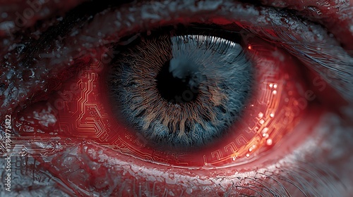 A futuristic blue eye with integrated red circuits creates a captivating and surreal imagery