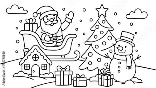 Coloring page christmas santa tree snowman