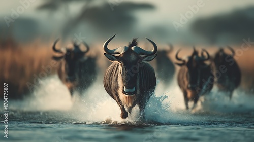 A herd of wildebeest is crossing a river, splashing water in an African safari
