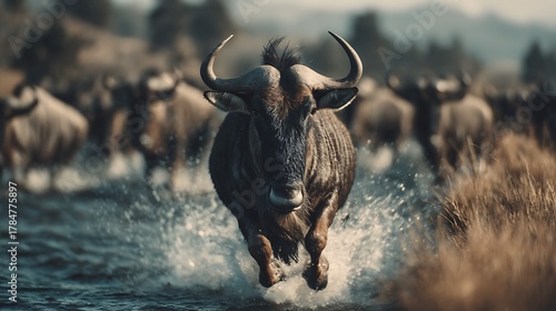 A huge wildebeest charges powerfully through splashing water, accompanied by its herd in the background