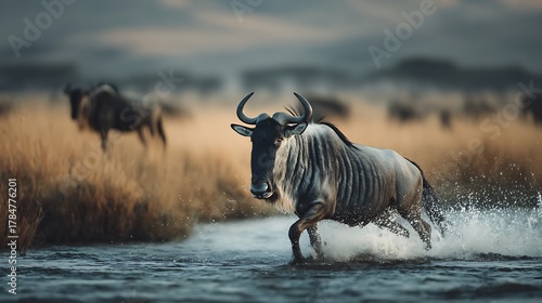 An African wildebeest with horns runs quickly through a river creating a splashing surge