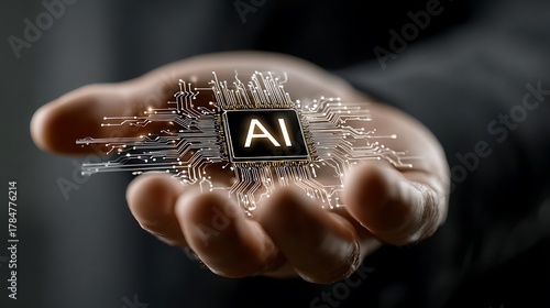 An AI circuit board glows brightly as it rests on an open palm