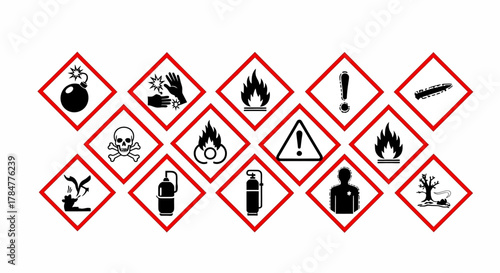 Collection of warning signs for hazardous materials on a white background.