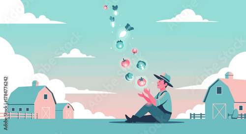 A whimsical illustration of a farmer juggling fresh vegetables on a vibrant farm landscape scene