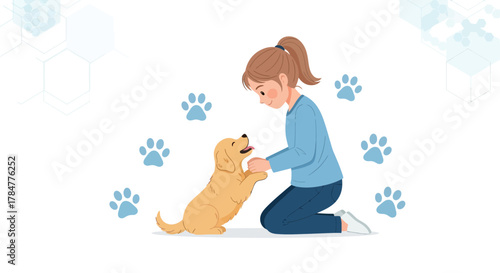 A young girl lovingly interacts with her golden retriever puppy illustration cute and endearing