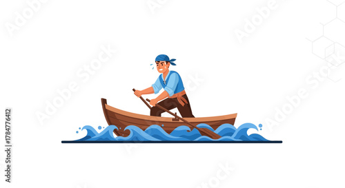 Cartoon vector illustration of a man rowing a boat vigorously on the water with a determined