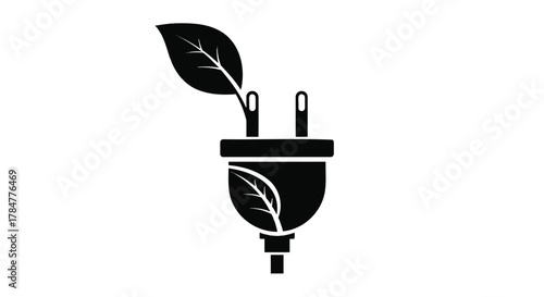 Black silhouette of an electrical plug with a green leaf sprouting from the top and side symbolizing eco friendly energy and sustainability
