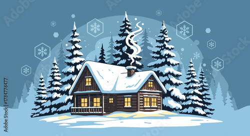Cozy Winter Cabin Retreat Surrounded by Snow-Covered Evergreen Trees and Falling Snowflakes